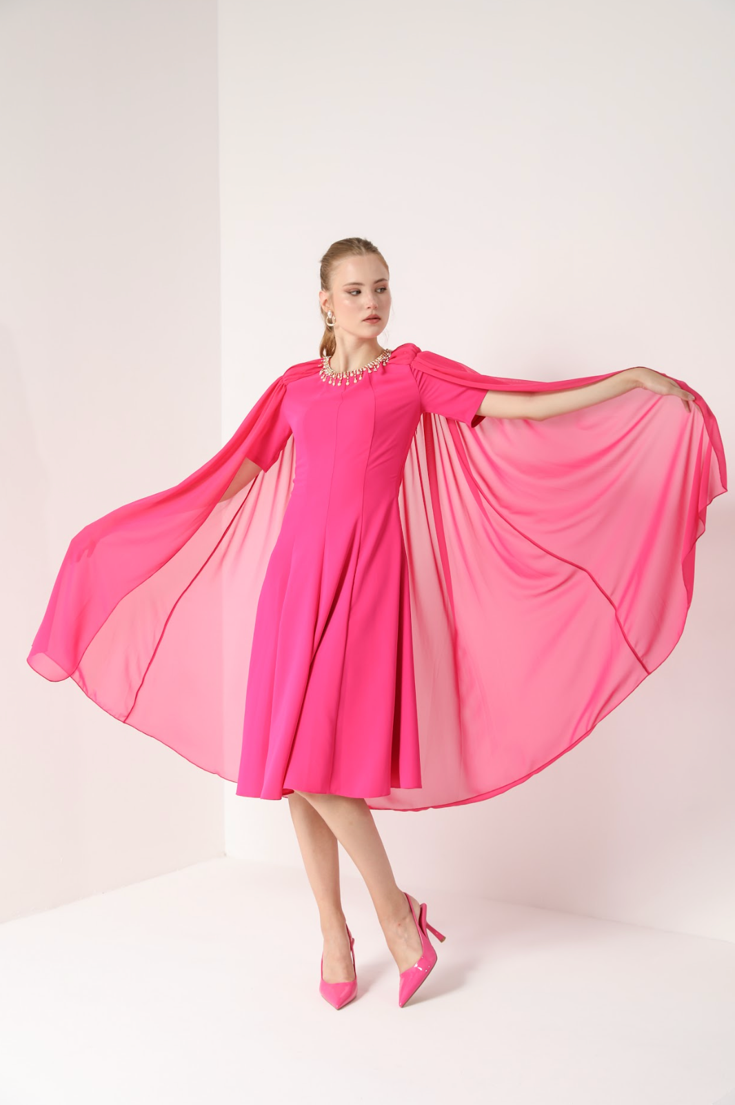 A-LINE MIDI DRESS WITH CAPE SLEEVE