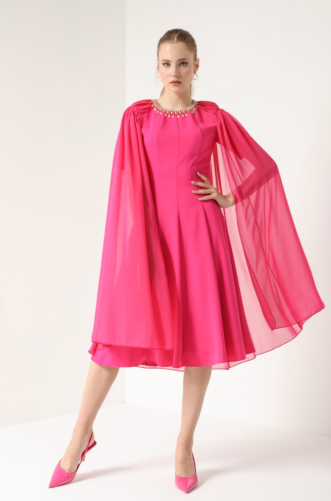 A-LINE MIDI DRESS WITH CAPE SLEEVE