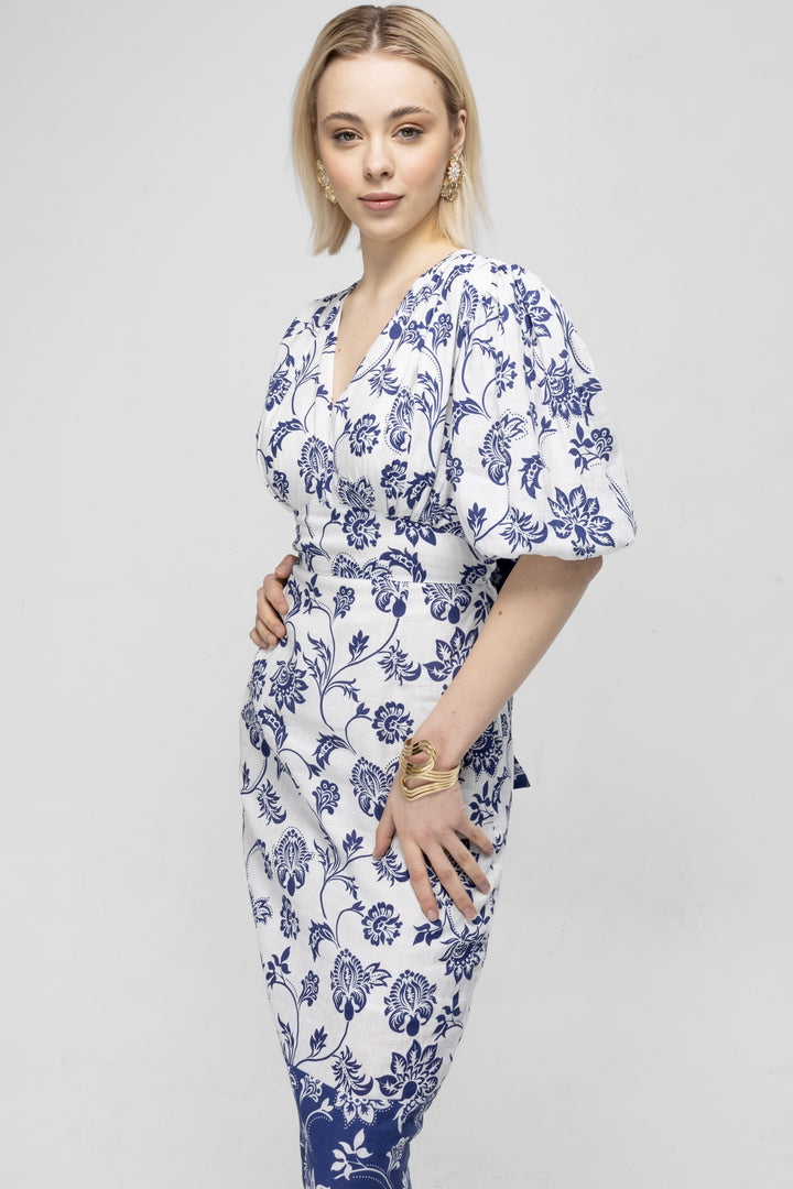 FLORAL PRINTED LINEN DRESS